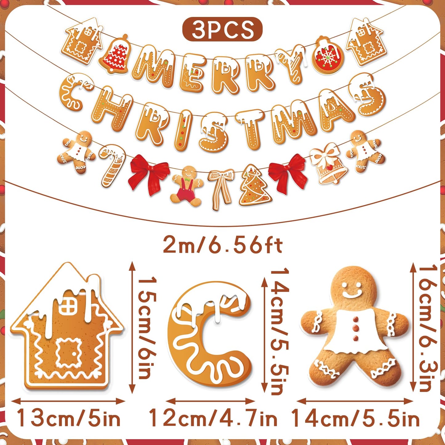 PAPER JAZZ Gingerbread Christmas Decoration Merry Christmas Banner,3 Pcs Gingerbread Christmas Garland,Xmas Backdrop Cute Hanging Decor for Wall, Tree, Door, Yard, Home, Office, Indoor Outdoor.