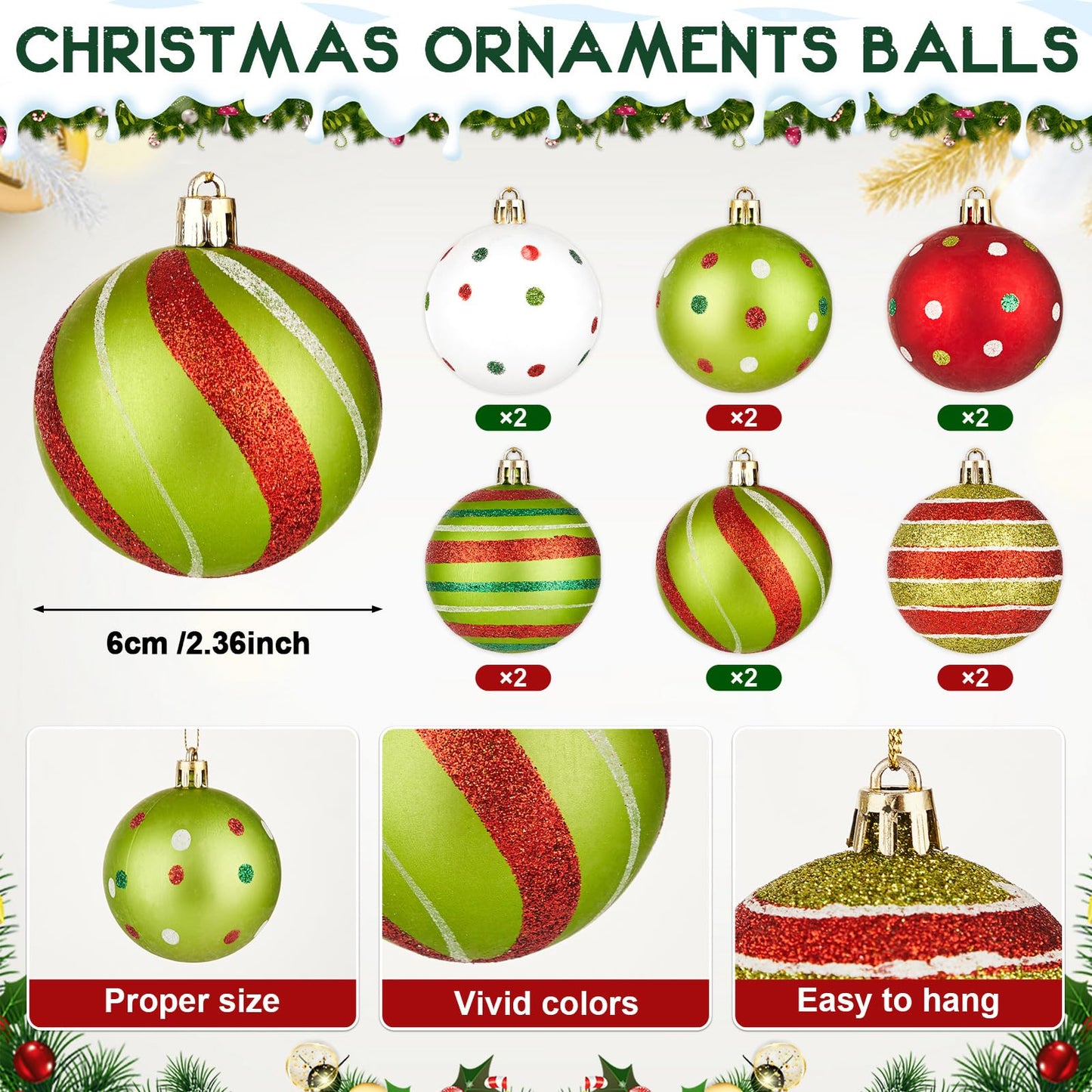 24 Pcs Red Green Christmas Tree Ornaments Set Large Wreath Bows and Red Green Glittering Christmas Ball Ornaments Swirl Candy Cane Peppermint Elf Hanging Decorations for Xmas Holiday Party Home Decor