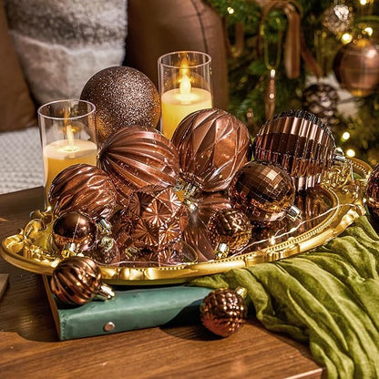 JORNOY Christmas Tree Ornaments Set, 47 Pack Assorted Shatterproof Hanging Balls Decorations, Plastic Bulbs Bulk with Lanyard for Home Holiday Party Decor, 3-Sizes (Brown)