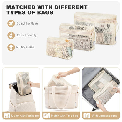 NOL Natural Organic Lifestyle 3-Pack Mesh Travel Toiletry Bags - Clear Zipper Travel Organizer, Airport Carry-On Compliant Reusable Cosmetic Makeup Bag for Women & Men (Cream)