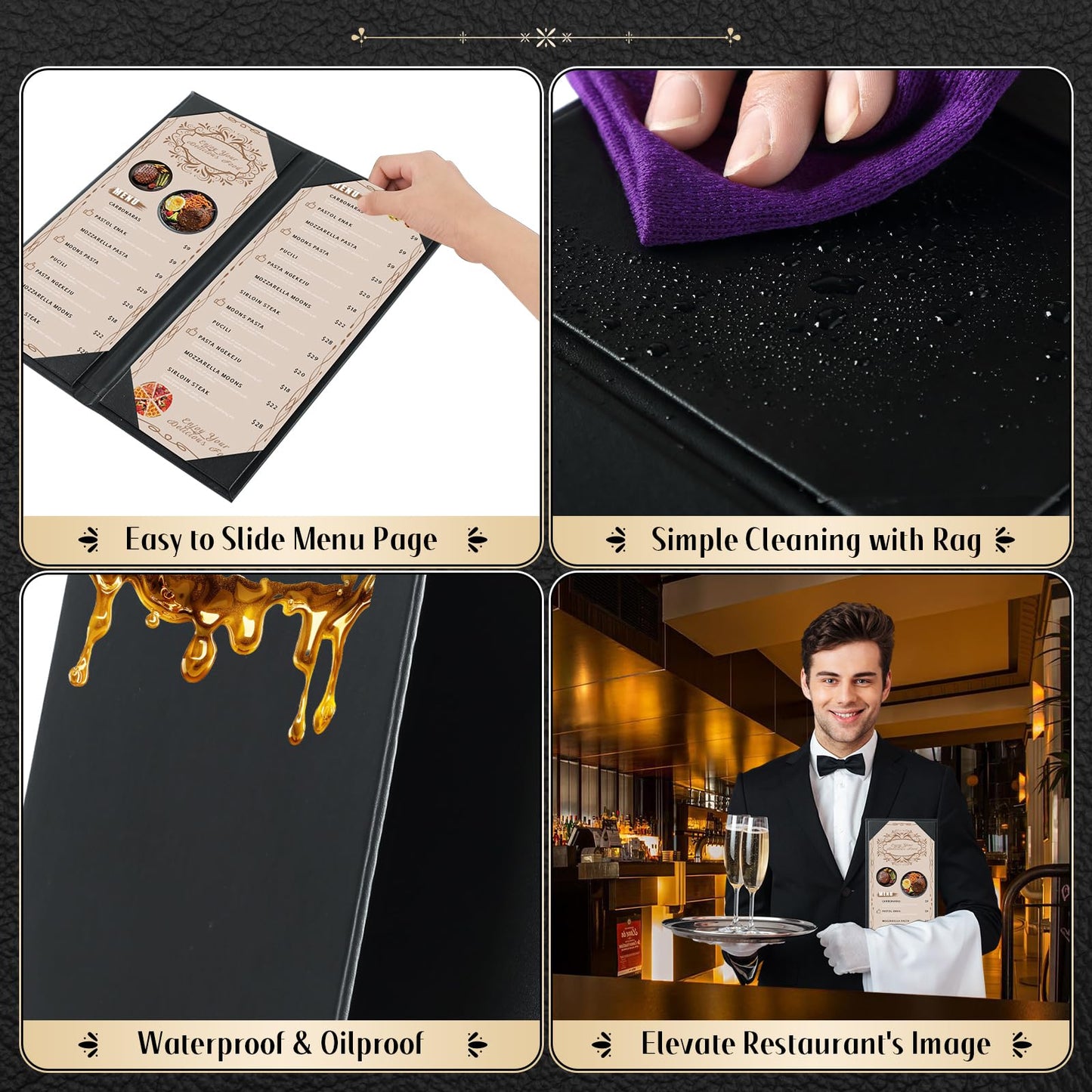 FLKQC 20 Pack Restaurant Menu Covers Holders 4.25" X 11", 2 Pack 2 View Synthetic Leather Menu Holder Covers Book Style with Angled Corners Black for Wine List, Morning Menu, Wine Menu (20, 2 Page)