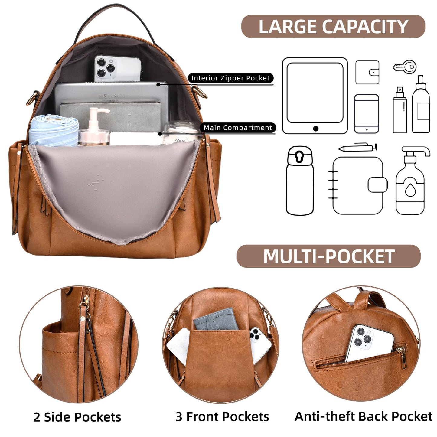 CTTOVIS Small Backpack for Women Designer Leather Mini Backpack Purse Ladies Fashion Roomy Shoulder Handbag (Brown)
