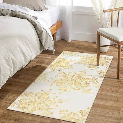 Lahome Snowflake Christmas Kitchen Rugs, 2x4 Christmas Entryway Rug Soft Non Slip Christmas Doormat Indoor, Small Rug Non-Slip Holiday Decor Washable Rugs for Bathroom Bedroom(2x4ft,Gold)