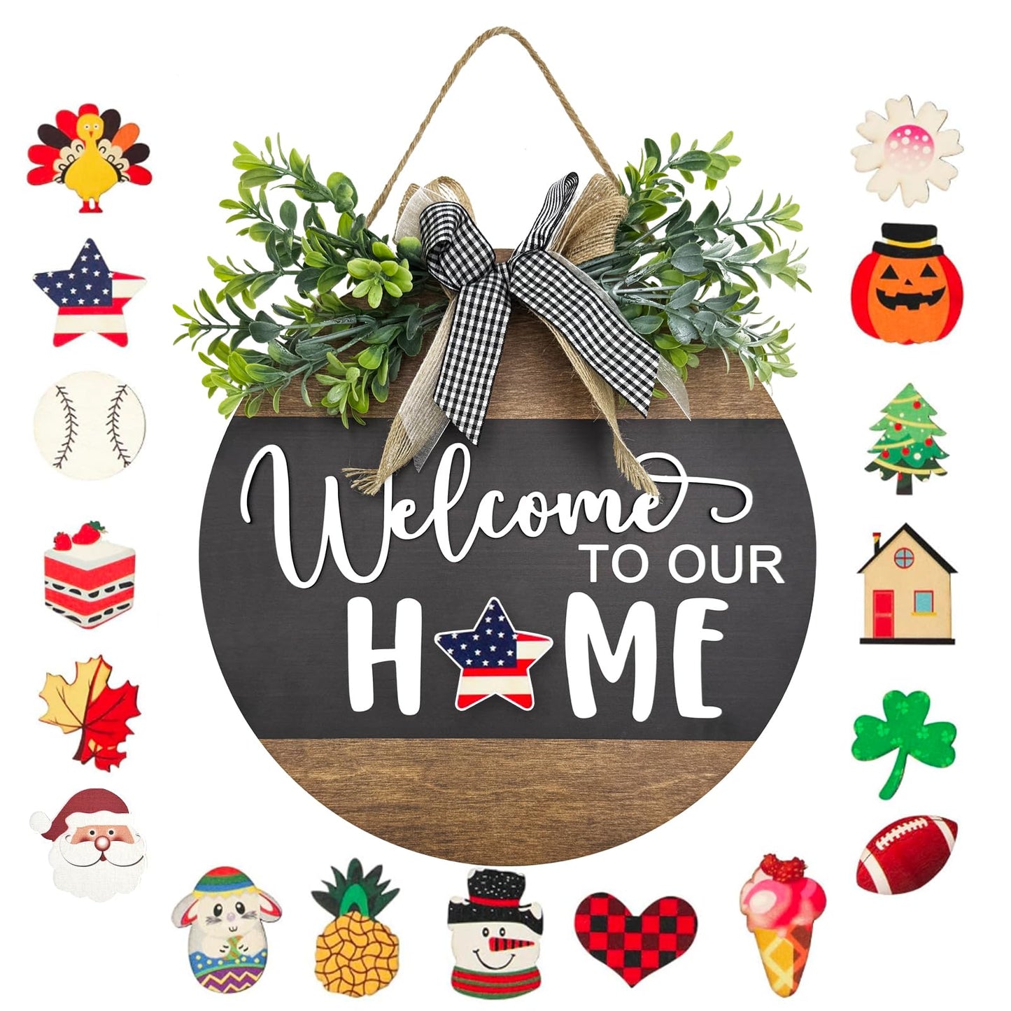 Interchangeable Seasonal Round Wood WELCOME TO OUR HOME Sign for Front Door,Rustic Hanging Wood Wreaths Sign,Farmhouse Porch Fence Welcome Wreaths Decorations.(12inch)