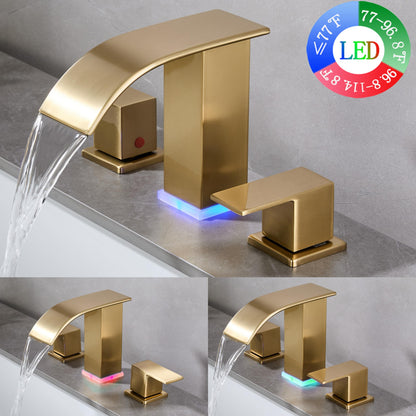 Brushed Gold Bathroom Faucet 3 Hole Widespread Waterfall Vanity Faucet for Bathroom Sink, Modern Touch on Two Handle Gold Faucet (Brushed Gold)