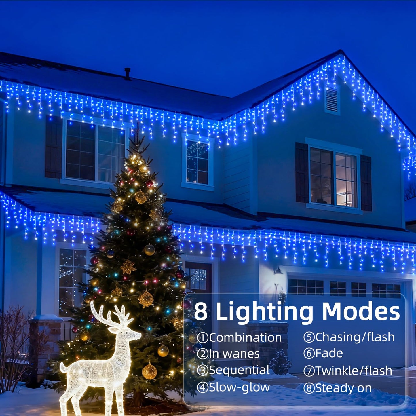 BYIZO Christmas Outdoor Icicle Lights - 480 LED 66+33 FT 8 Modes Curtain Fairy String Light Plug in, Waterproof for Eaves Yard Holiday Xmas Holiday Indoor Outdoor Decoration - Blue White