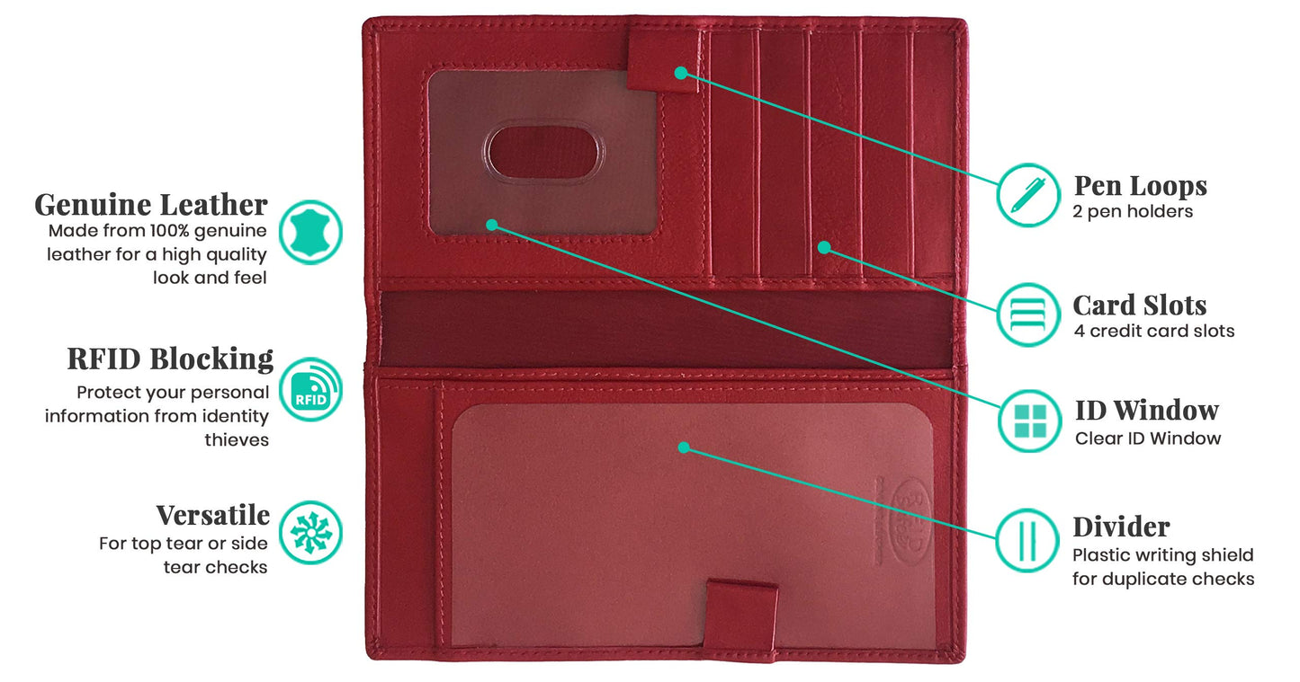 123 Cheap Checks Red RFID Leather Checkbook Cover With Credit Card Slots and Pen Holder