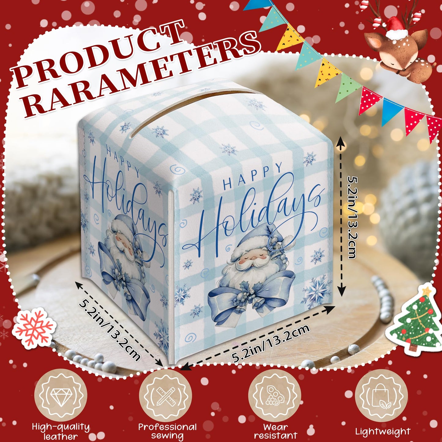 Happy Holidays Box Cover Square, Santa Claus Blue Checkered Decorative Tissue Box Holder, Waterproof Leather Tissues Boxes Dispenser for Bathroom, Office, Car, Bedroom Nightstand, Home Decor