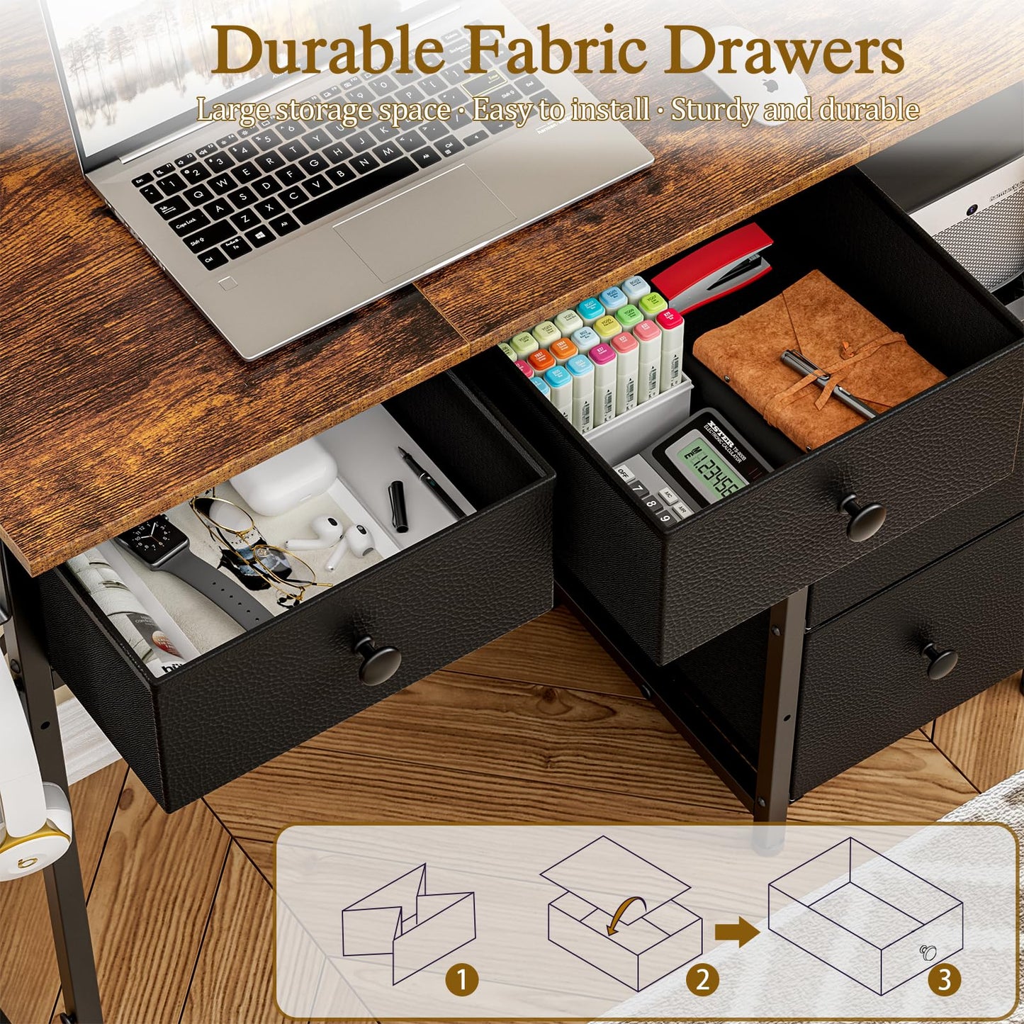 3IngSeagulls Small Computer Desk with 4 Fabric Drawers, Simple Writing Desk for Home Office, Compact Study Desks for Small Spaces, Kids Desk Study for Bedroom, Rustic Brown