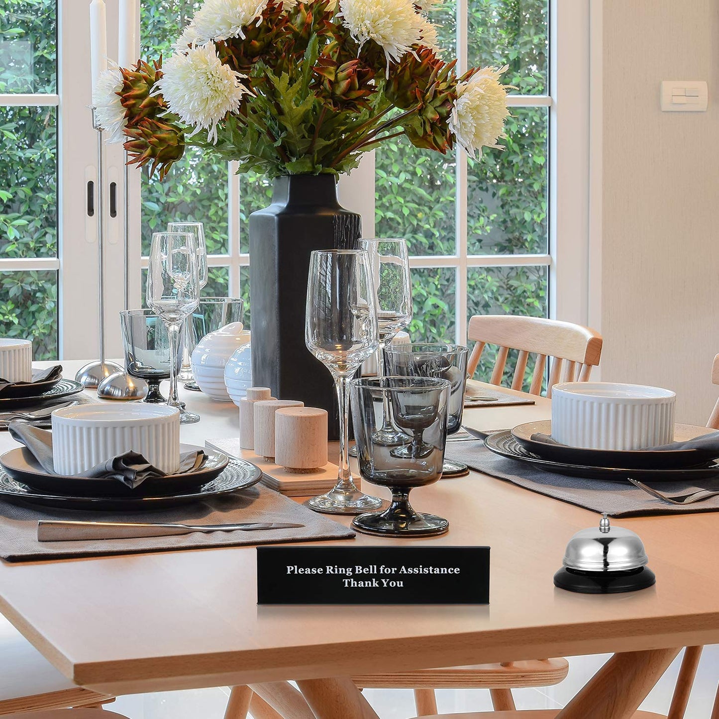 Boao Desk Service Dinner Bell Metal Silver Call Bell and Double Side No Receptionist Sign Please Ring Sign for Service Assistance for Hotel School Restaurant Reception Area(Sliver Bell)