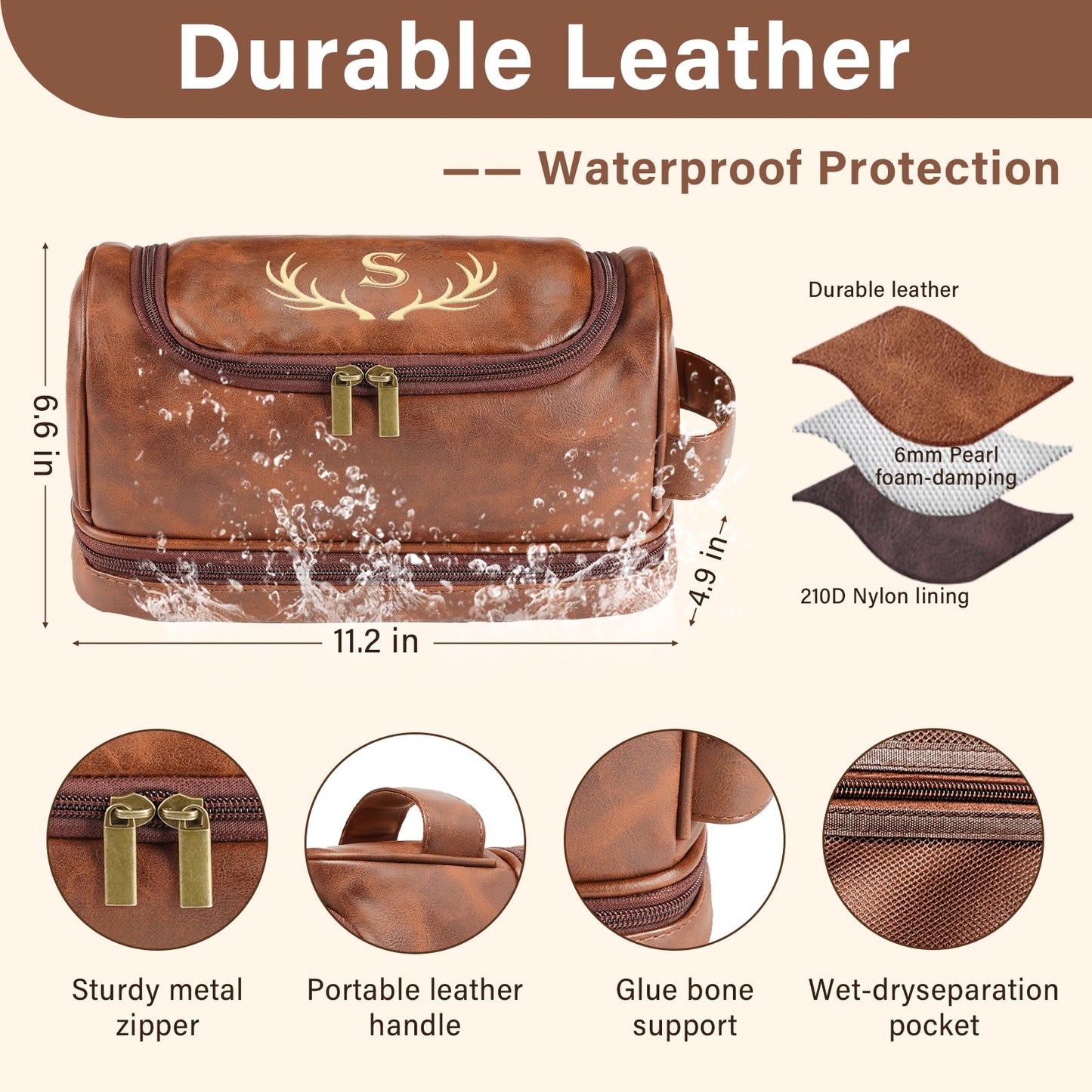Toiletry Bag for Men, Personalized Gifts for Men, Custom Leather Initial Travel Shaving Bag, Gifts for Him Dad Husband Brother Boyfriend Groomsmen, Father's Day Birthday Anniversary Valentines Gifts