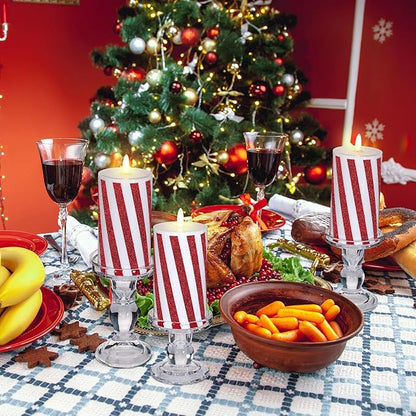 Baquler 3 Pcs Christmas Flameless Candles Candy Cane LED Pillar Candle with Glitter Stripe Red and White Battery Operated Candlestick for Xmas Party Holiday Centerpiece Home Decoration