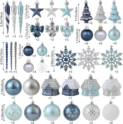124Ct Blue Silver and White Christmas Tree Ornaments Set,Shatterproof Assorted Christmas Decorations for Xmas Tree Snowflake Icicle House Ball Ornaments Baubles for Holiday Party Decor（Blue & Silver）