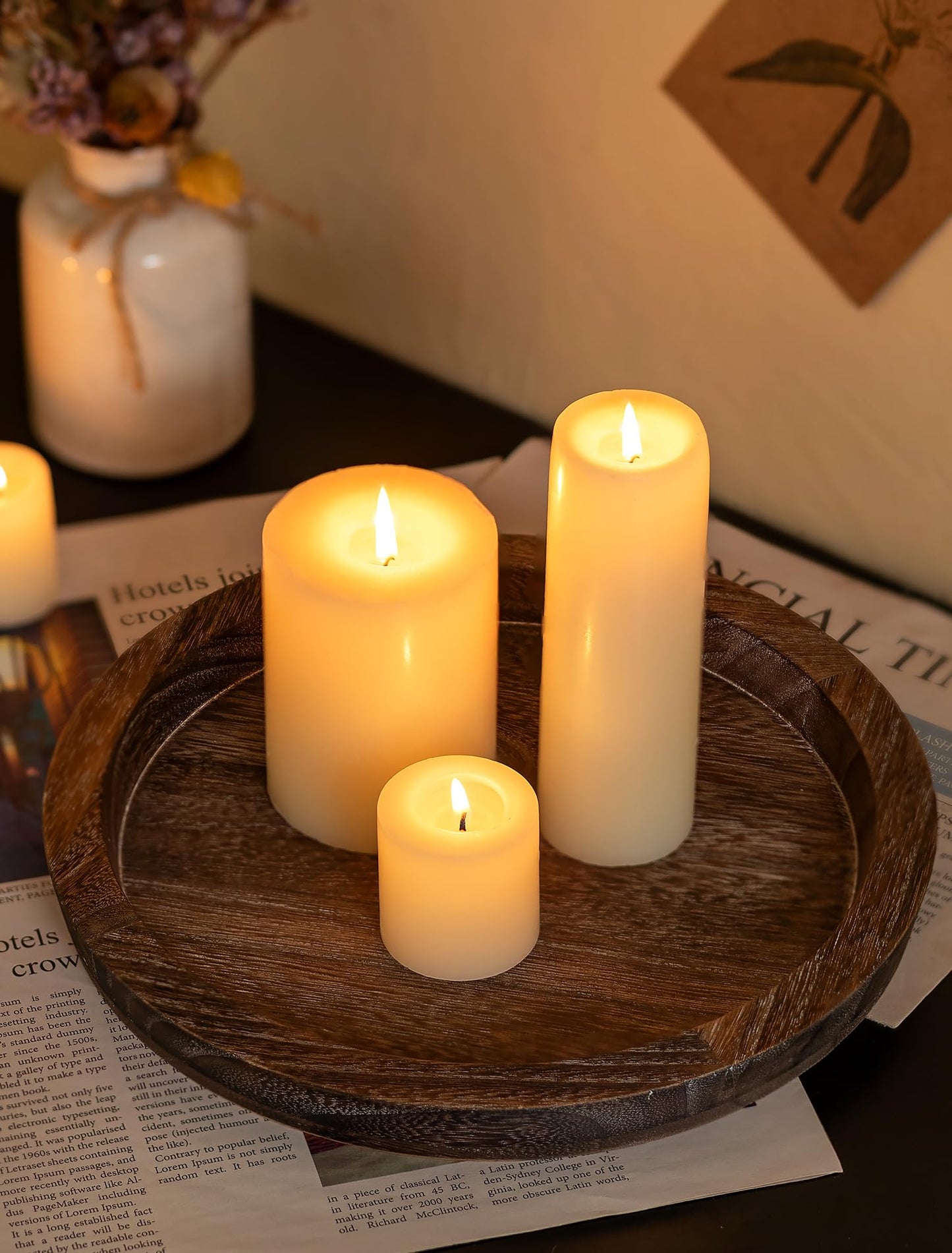 Hanobe Candle Plate Holder Tray: Round Wood Decorative Candle Plate - Rustic Farmhouse CoffeeTable Decor - Tealight Pillar Trays for Home Decor (Distressed)