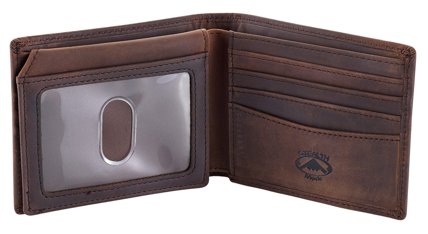 Stealth Mode Brown Leather Bifold Wallet for Men With ID Window and RFID Blocking, One Size