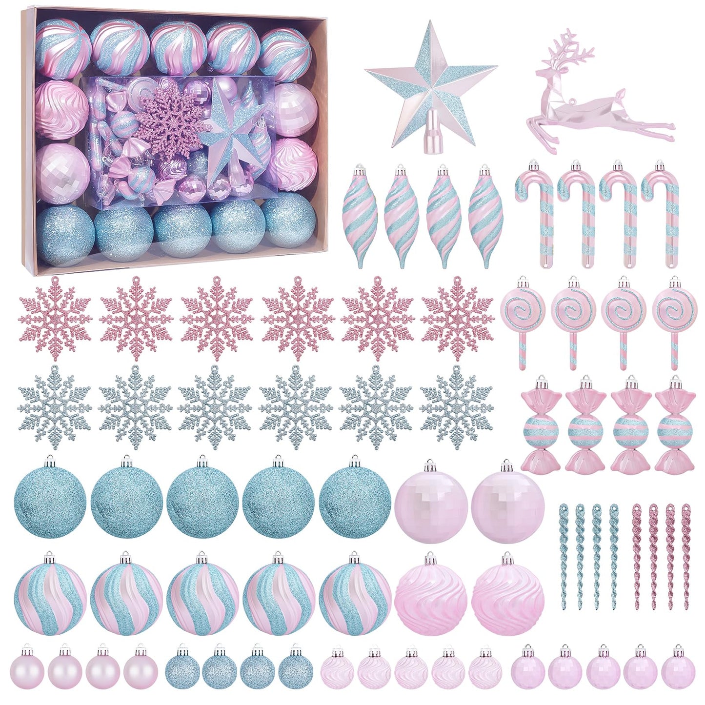 70PCS Christmas Balls Ornaments Set, Shatterproof Xmas Tree Decorations Kit with Balls, Snowflakes, Candy Canes, Star Topper, Reindeer & Hanging Baubles for Holiday Party Decor (Silver & Pink)