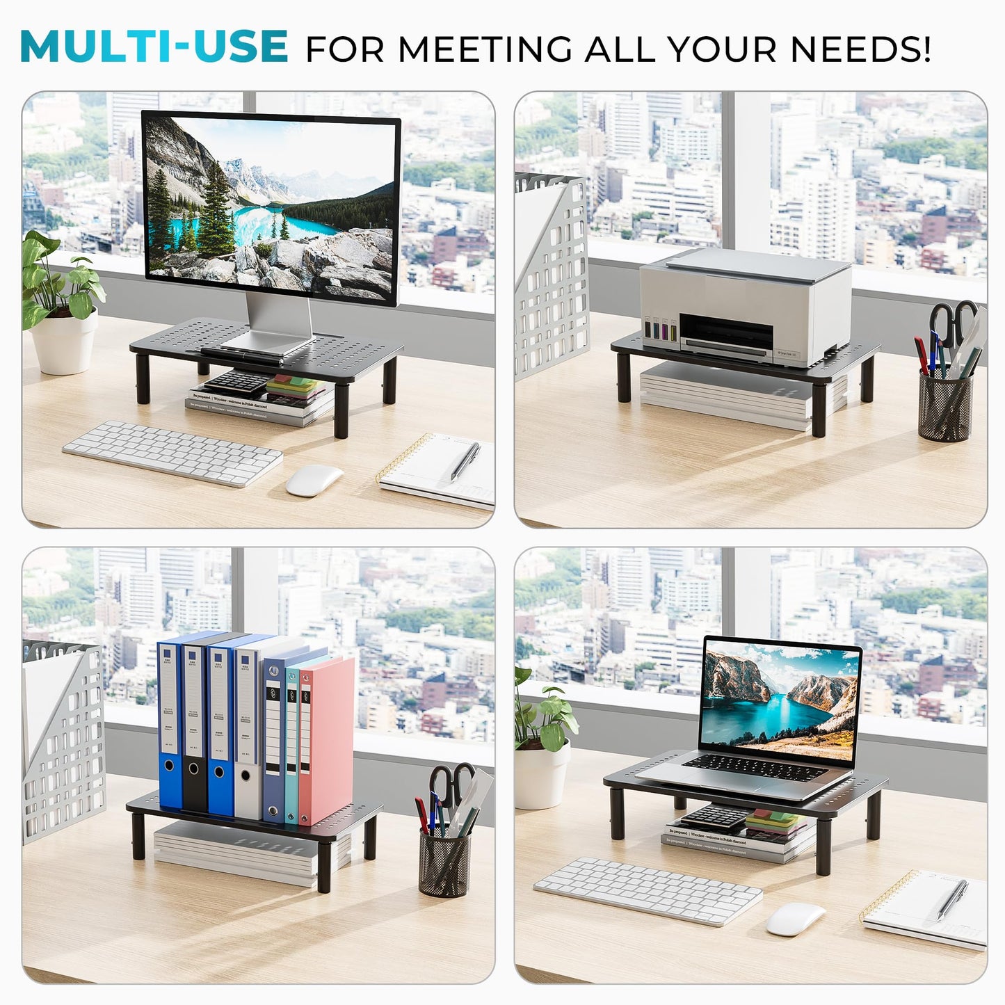 BONTEC Monitor Stand 2 Pack Height Adjustable Metal Riser with Pen Holder, Black, 14.5” x 9.1”, Ergonomic Desktop Stand for Computer, Printer, Laptop, Adjustable Desk Riser with Cable Management