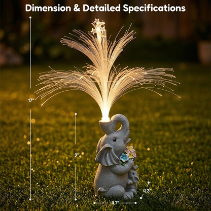Vuees Solar Elephant Statue with Fiber Optic Light, Resin Animal Figurine Garden Decor, Waterproof Outdoor Sculpture Ornament for Patio, Yard, Porch and Lawn Decoration