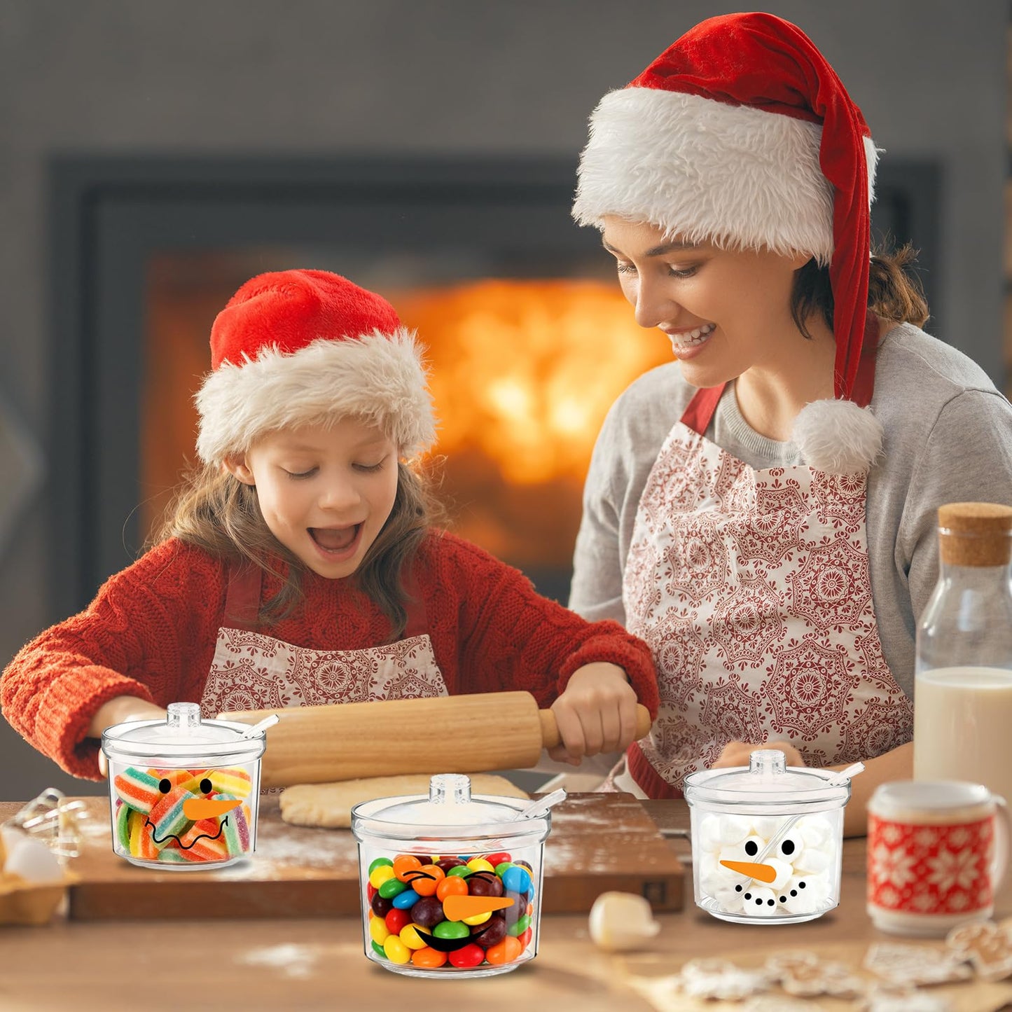 FYSUIMU 3Pcs Christmas Hot Cocoa Bar Supplies Clear Acrylic Sugar Bowl with Lid Spoon Cute Snowman Xmas Candy Jar 6.8 Oz Kitchen Storage Container for Home Coffee Bar Holiday Party