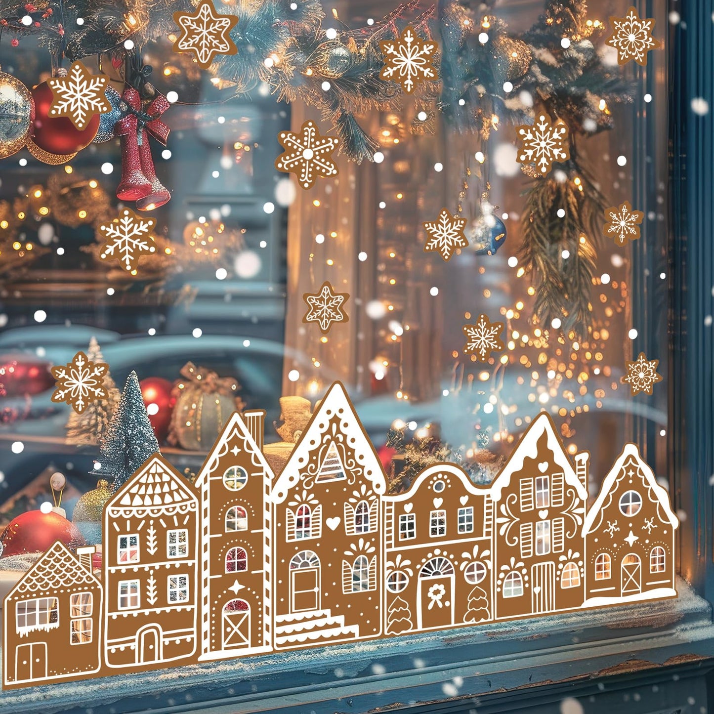 Whaline Christmas Gingerbread Window Cling Stickers Window Decals Brown Gingerbread House Snowflake Reusable Decoration for Xmas Winter Holiday Party Home Classroom, 2 Sheets