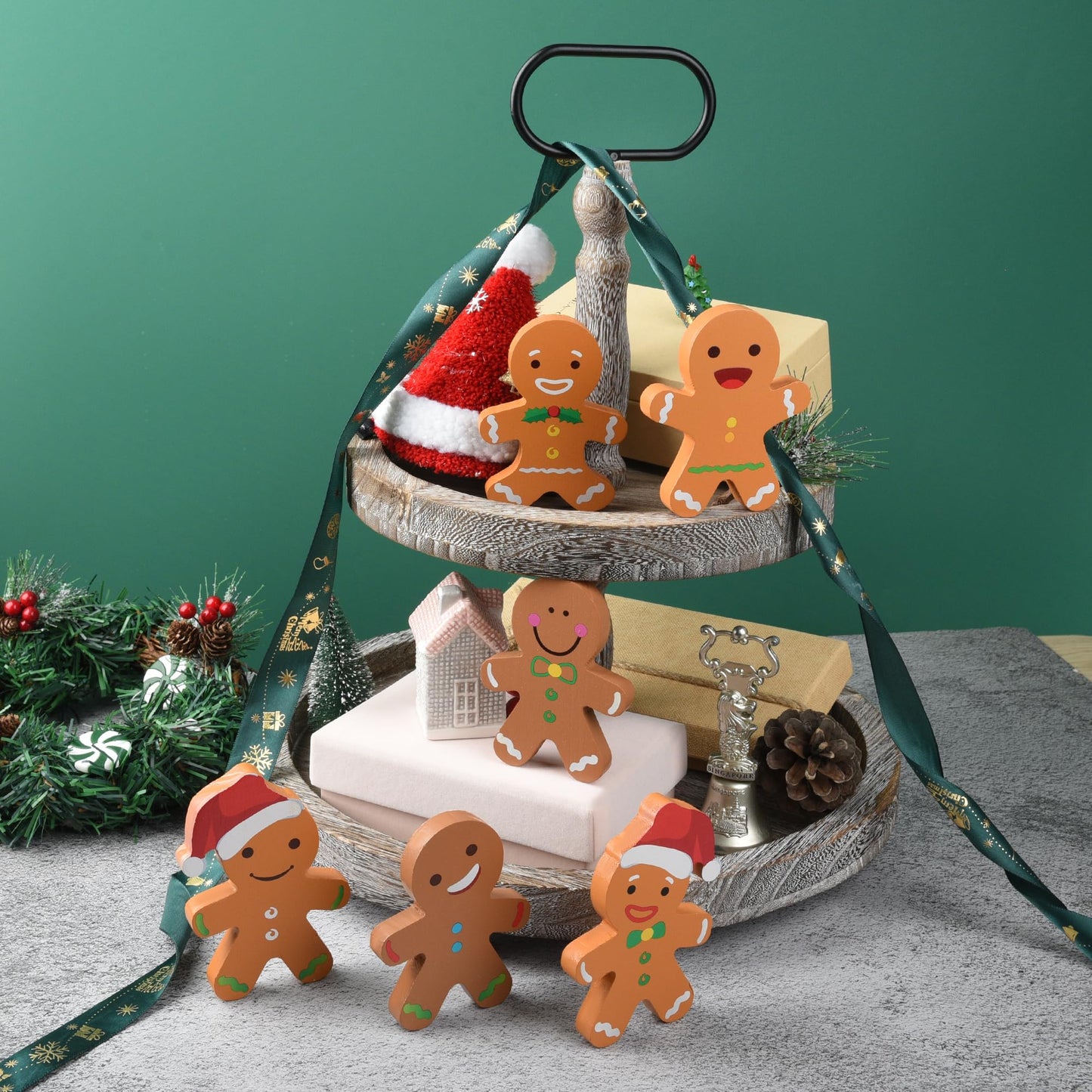 AllReal 6 Pcs Gingerbread Christmas Decorations Xmas Gingerbread Man Wooden Signs Farmhouse Decorative Winter Tabletop for Tiered Tray Holiday Party House Decor