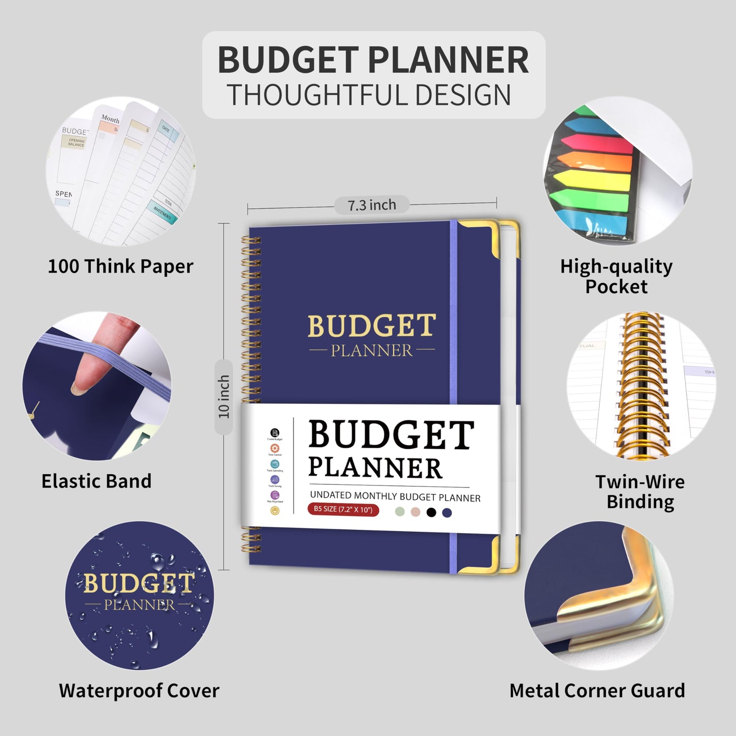 Budget Planner - Monthly Budget Book B5, Undated 12 Month Expense Tracker Notebook with Metal Corner Protectors & Bill Organizer, Hard Cover Financial Account Book for Women Men Home Business, Purple