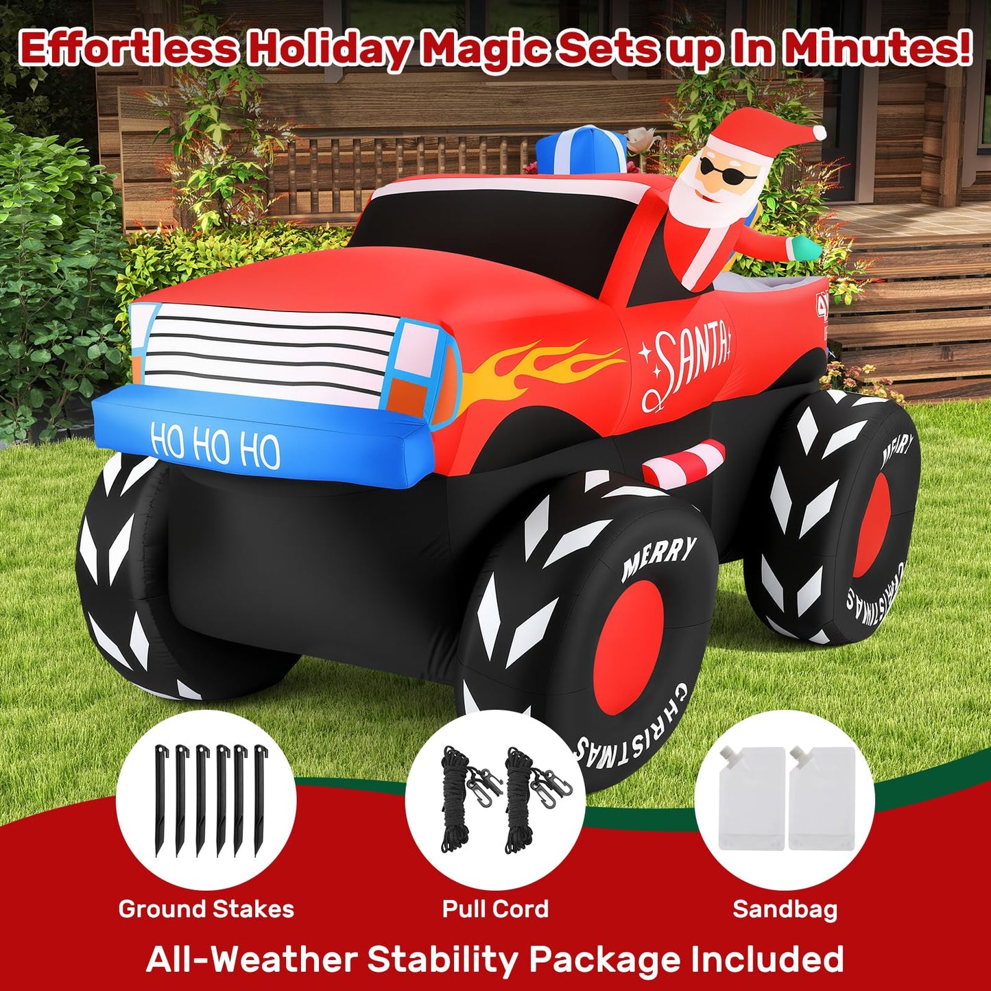 AMKAIO 7 FT Long Santa in Monster Truck Christmas Inflatables Outdoor Decorations, Christmas Blow Up Santa Claus Yard Decorations for Garden Lawn Xmas Decor