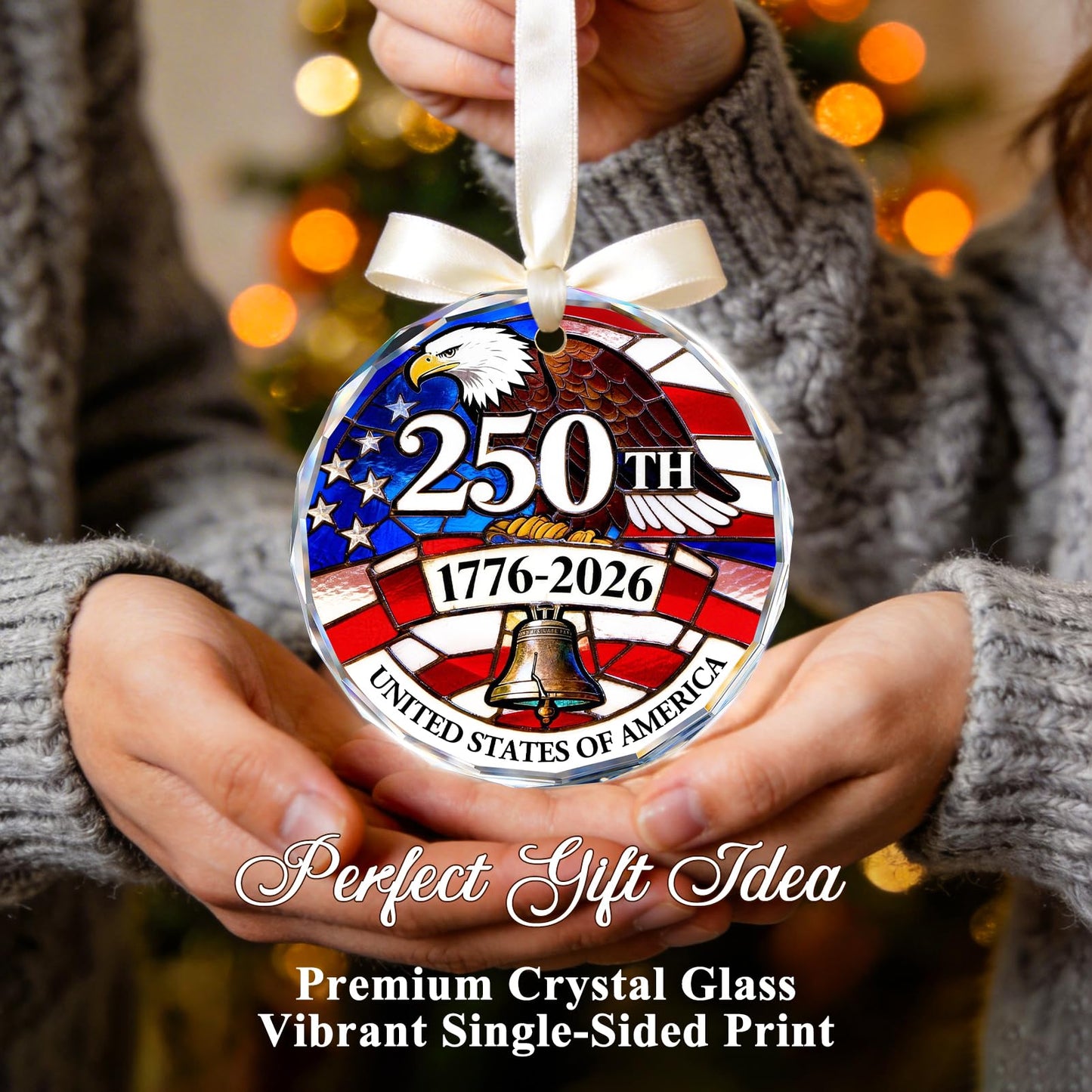 250 Anniversary USA Ornament for 4th of July Tree Decorations - Crystal Glass Patriotic Christmas Ornaments - 1776-2026 Bald Eagle Liberty Bell US Flag Keepsakee - Independence Day Souvenir Gifts