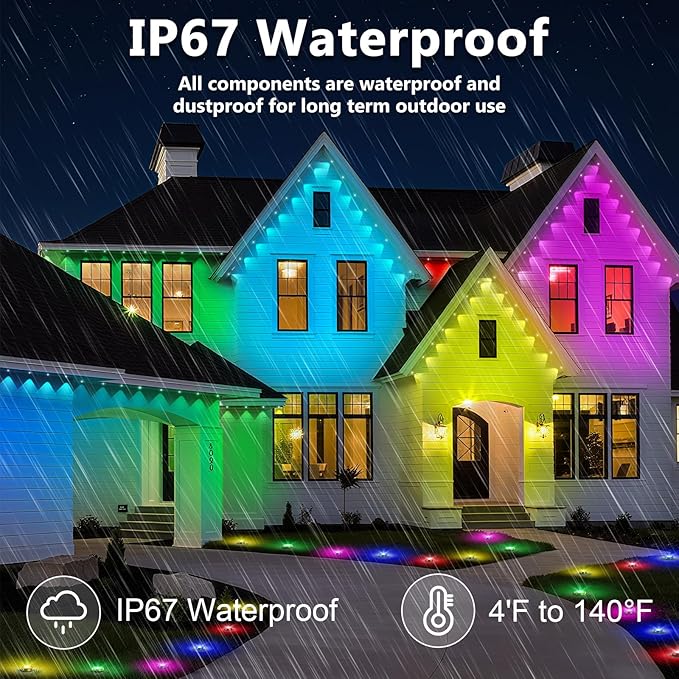 200FT Permanent Outdoor Lights,for House Roof, Christmas, Holiday, Party, Daily Lighting, IP67 Waterproof,RGB Eaves Lights with Multi Scene Modes for Halloween
