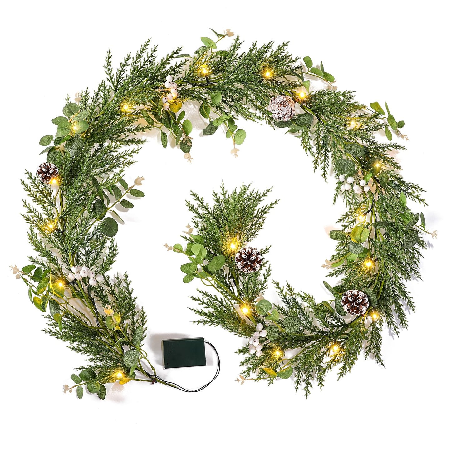 Flopttsun 6FT Christmas Garlands with 20 LED Lights,Prelit Articial Spruce Garland with Eucalyptus Berry Pinecone,Battery Operated for Stair Winter Indoor Home Decor
