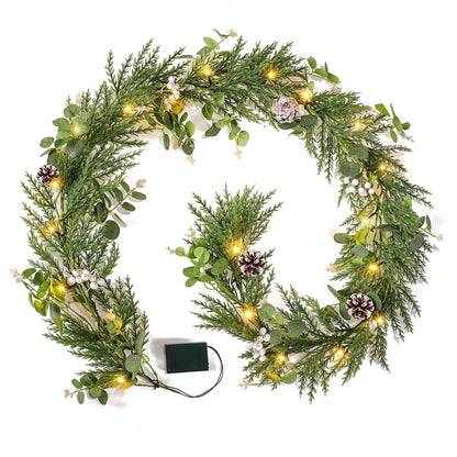 Flopttsun 6FT Christmas Garlands with 20 LED Lights,Prelit Articial Spruce Garland with Eucalyptus Berry Pinecone,Battery Operated for Stair Winter Indoor Home Decor