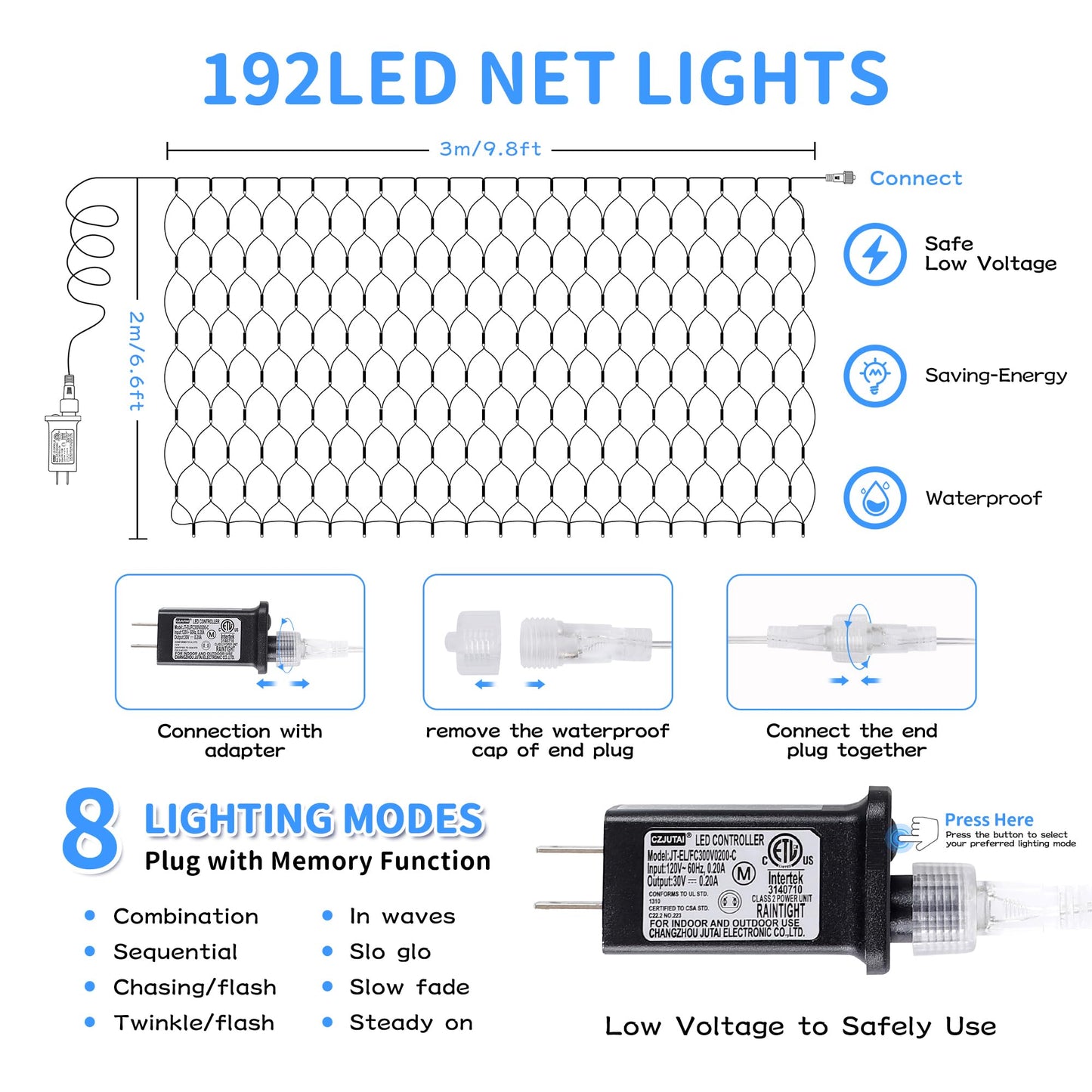 HEYFUNi 192 LED Net Lights Outdoor Mesh Lights,8 Modes Net Light for Bushes Plug in, Waterproof Christmas Net String Light for Bushes Ceiling Wedding Indoor Outdoor(9.8ft x 6.6ft,White)