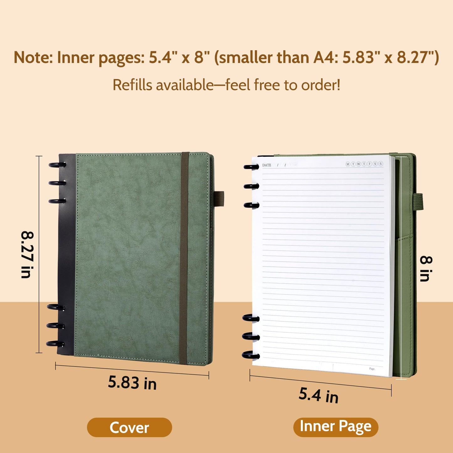 Yoment Leather Journal Notebooks for Work Refillable 224 Page 100 GSM Thick 5 Subject Notebook with Removable Dividers Tabs Hardcover Notebook for School Note Taking Teachers Women Men 6.1 x 8.3,Green
