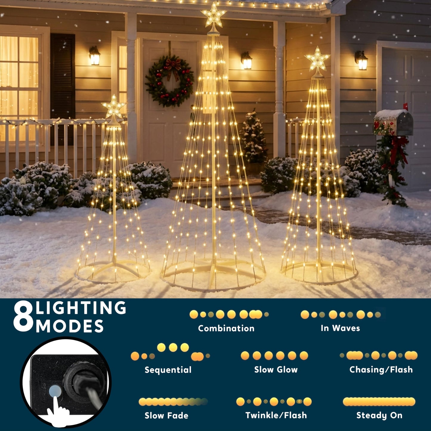 JOYIN 3 Pack LED Christmas Cone Tree Lights, 4FT 5FT 6FT Outdoor Lighted Tree with 8 Lighting Modes & Star Topper, Christmas Decorations for Yard Porch Patio Garden Holiday Decor, Warm White