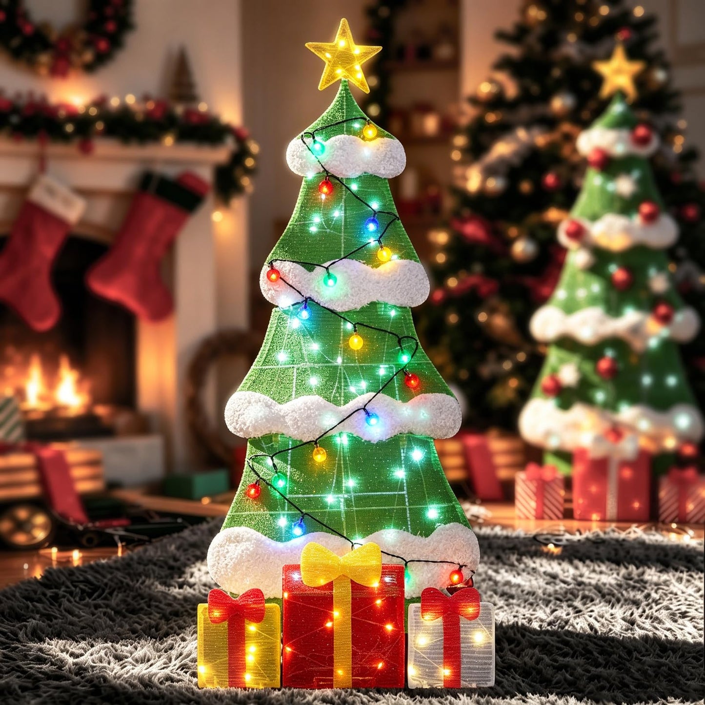 3ft 2D Christmas Tree Outdoor Decorations with 100 Twinkling LED Lights, 8 Light Modes, Large Holiday Yard Ornament for Patio, Lawn, Home （Sphere）
