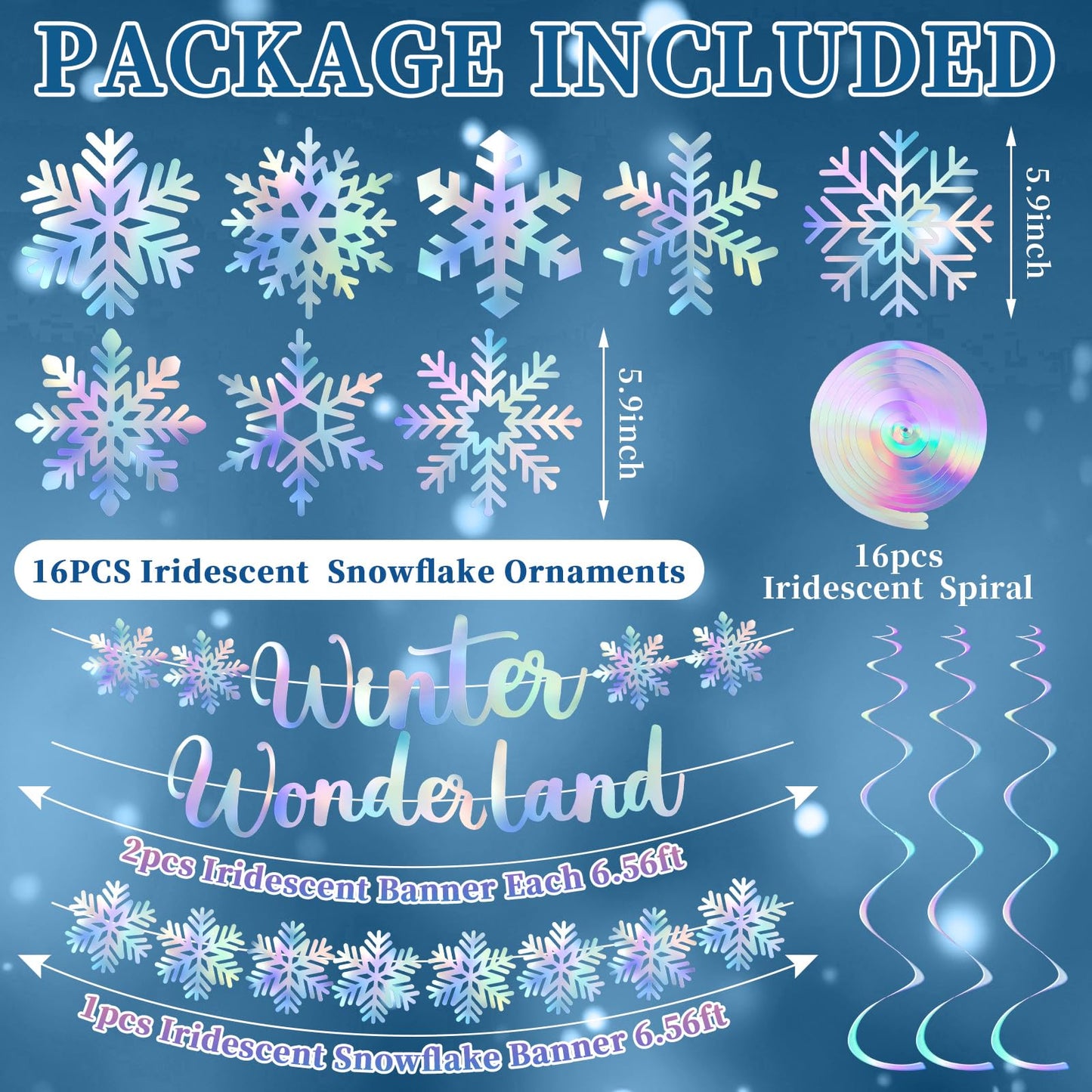 Pinkunn Winter Wonderland Party Decoration Iridescent Decoration Hanging Snowflake Garland Ornaments Iridescent Glitter Paper Spiral Banners for Holiday Birthday Home Party Decor