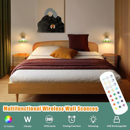 Vintage Battery Operated Wall Sconce with Remote, RGB LED Wall Lamp 12 Colors Dimmable, Brass Wall Lights Fixture for Bedroom Bathroom Living Room Hallway Green Multilayer Petal