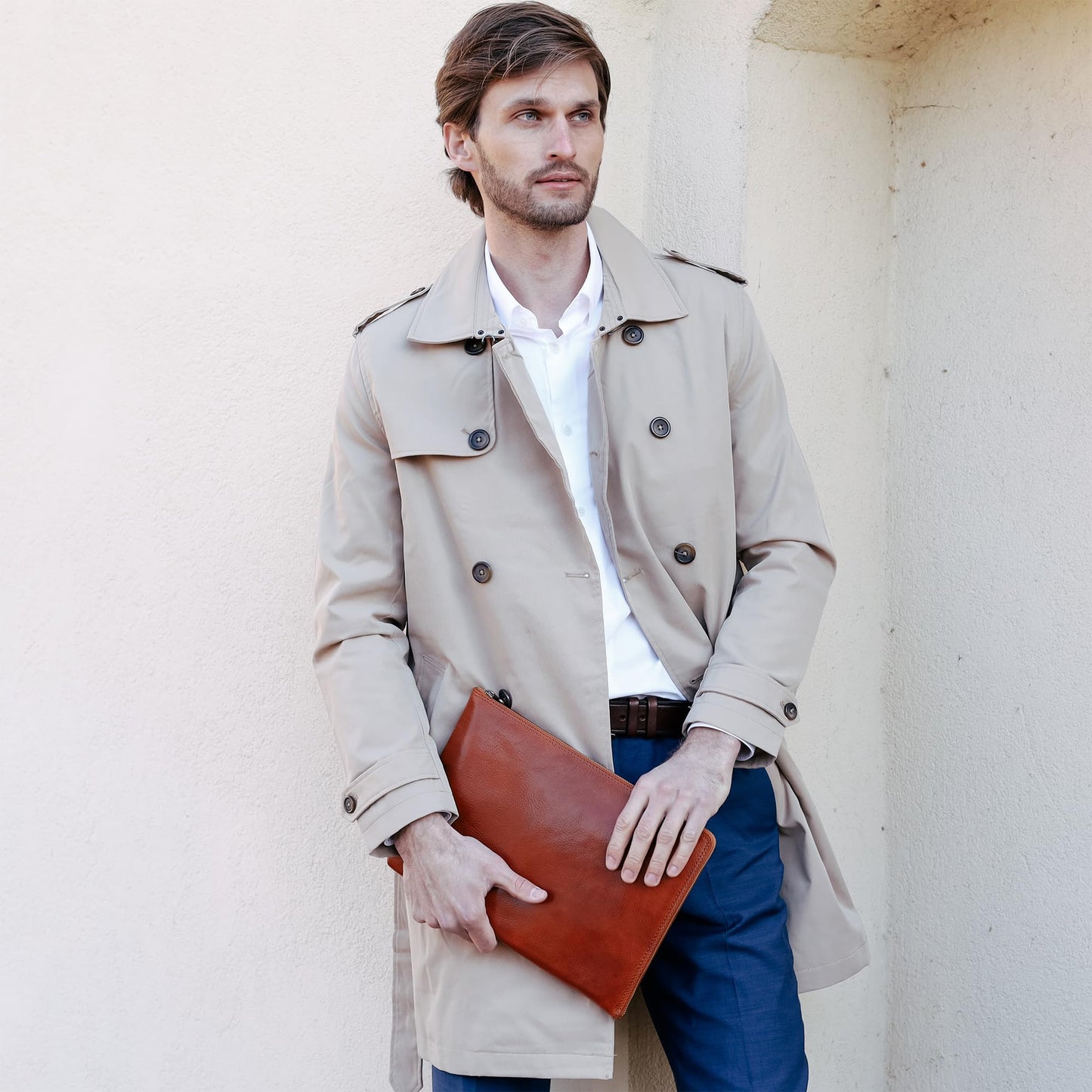 Time Resistance Leather Clutch for Men - Organizer Wrist Bag Briefcase - Handmade in Italy (Cognac Brown)