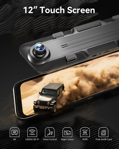 WOLFBOX G850 12" 4K Rear View Mirror Camera with 5.8GHz WiFi and Voice Control, Smart Mirror Dash Cam Front and Rear, Backup Camera with 1080P Rear Camera, Dash Cam with WDR, Includes 64GB Card & GPS