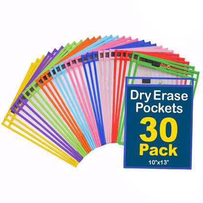 BONBELA Dry Erase Pockets 30 Pack - 10 x 13 Reusable Dry Erase Pocket Sleeves for Work & School Worksheets - Heavy Duty Clear Pocket Sleeves - Quickly Wipe to a Flawless Clean (Multicolor)