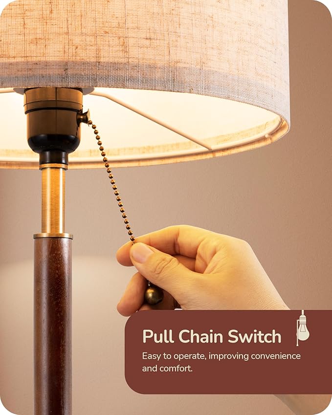 EDISHINE Mid Century Table Lamp, Bedside Lamp with Pull Chain Switch, Solid Wood & Metal Pole, Modern Nightstand Table Lamp for Living Room, Bedroom, Office, Frosted Bronze & Wood Finish