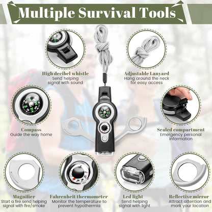 Arrowbash 12 Pack Emergency Survival Whistle 7-in-1 Compass Hiking Survival Safety Whistle with Lanyard Outdoor Multifunctional Tool Ideal for Hiking Camping Rescue Signaling(Gray)