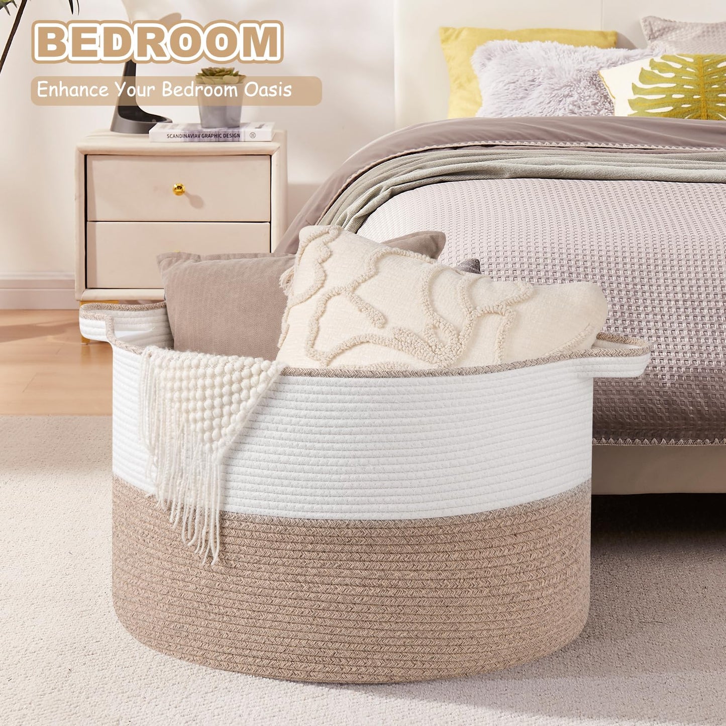 OIASKET XXL Large Blanket Basket with Handles, 105L Woven Storage Basket for Living Room, Cotton Rope Baby Toy Storage for Clothes, Pillows, Towels-Brown & White