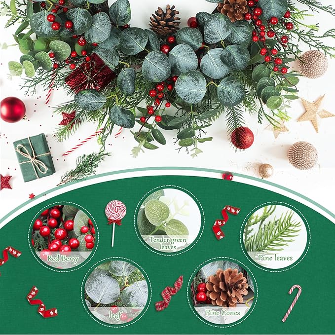 Spring Wreaths for Front Door,Boxwood Wreaths for Indoor and Outdoor Wedding Decorations,Spring Wreath with Pine Cones and Leaves,Berries,Eucalyptus Leaves for Home Decor