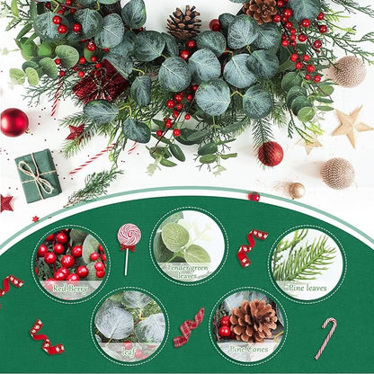 Spring Wreaths for Front Door,Boxwood Wreaths for Indoor and Outdoor Wedding Decorations,Spring Wreath with Pine Cones and Leaves,Berries,Eucalyptus Leaves for Home Decor