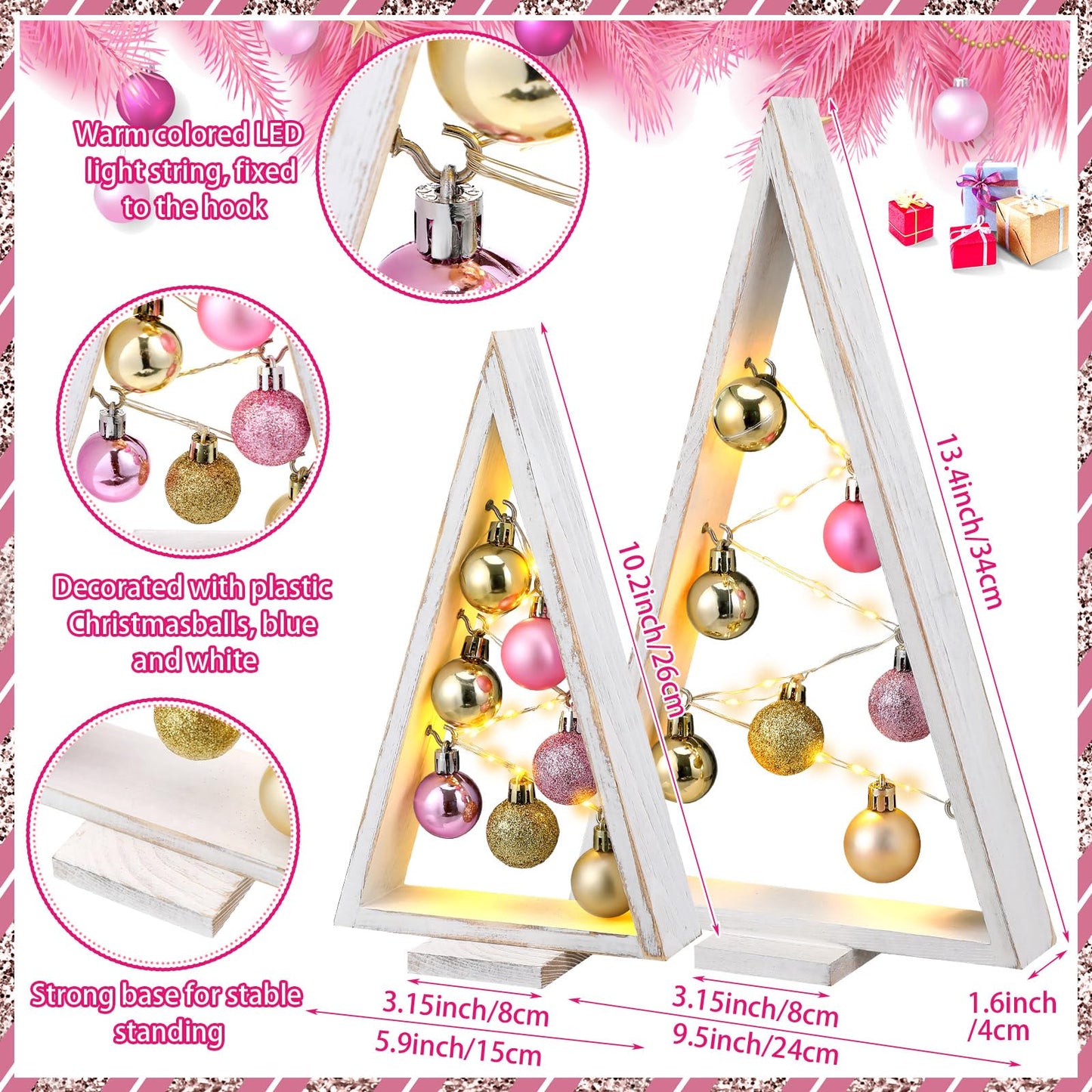 Hungdao 2 Pack Wooden Christmas Tree with Lights and Balls Modern Farmhouse Christmas Table Centerpiece Tabletop Decor for Winter Fireplace Mantle Shelf Home Decor(Pink, Rose Gold)