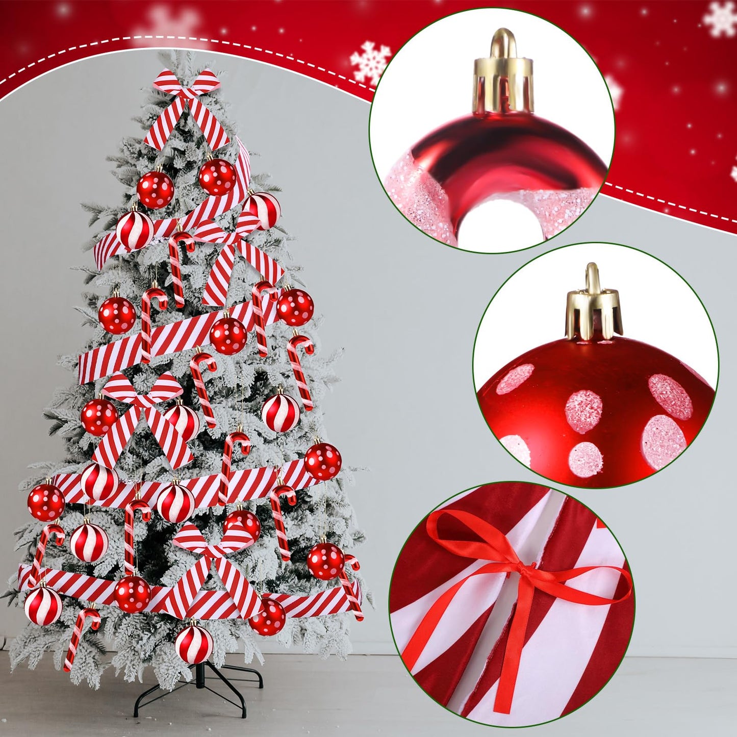 Shappy 38 Pcs Christmas Tree Ornaments Sets, Candy Cane Red White Stripes Xmas Tree Hanging Decorations, Plastic Xmas Ball Variety Shapes with Ribbon New Year Holiday Party Supplies(Cute,47.2'')