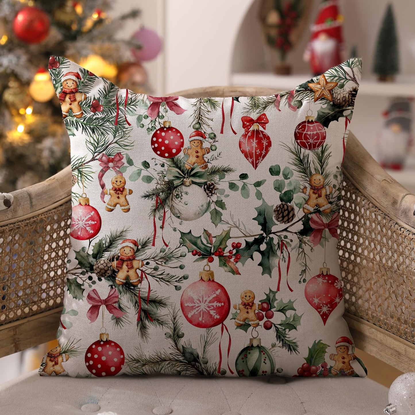 DFXSZ Christmas Pillow Covers 18x18 Inch Set of 2 Pine Branches with Pine Cones Xmas Balls Decorative White Throw Pillows Winter Christmas Decor for Home Couch ST025A18
