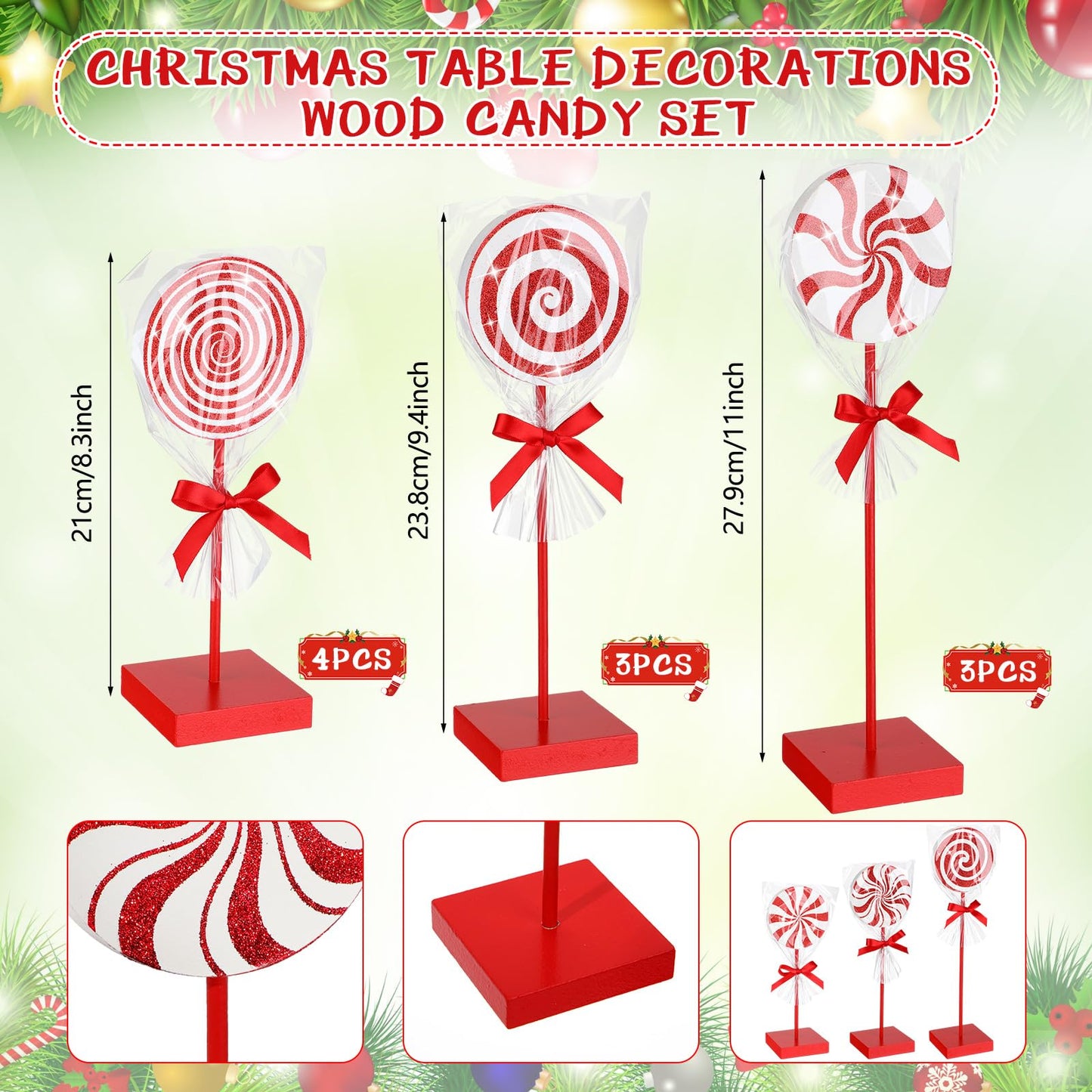 Chunful 10 Pcs Red Christmas Candy Wooden Tabletop Decor Candy Cane Christmas Decorations Table Centerpiece Sign for Xmas Tiered Tray Home Desk Office Party Decoration