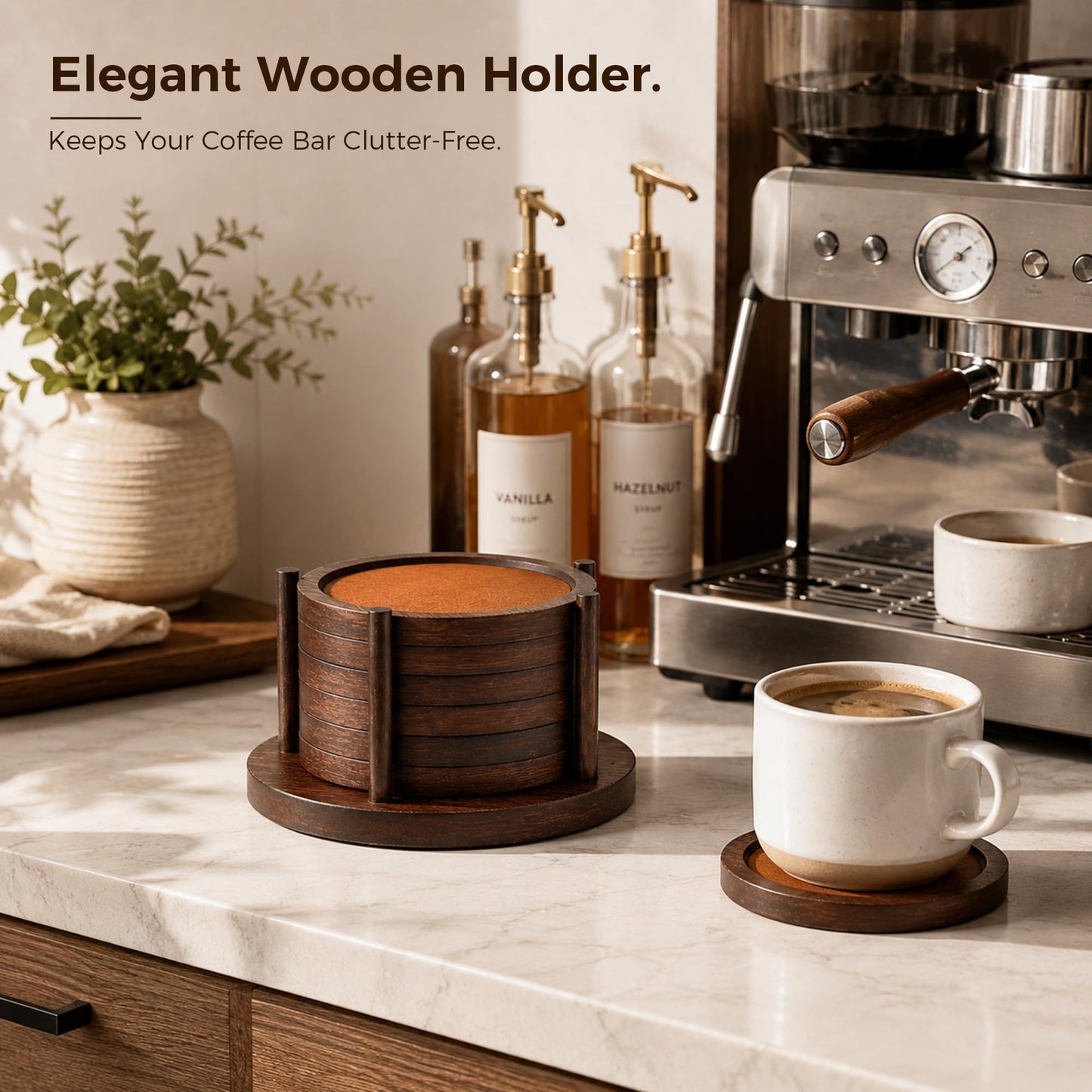 MinBoo Bamboo Coasters for Coffee Table Set of 6 Coasters for Drinks Absorbent with Holder Coffee Table Decor for Tabletop Protection Gifts for House Warming New Home & Wedding (Dark Brown 6Pcs)